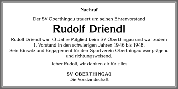 Traueranzeige von Rudolf Driendl von Allgäuer Zeitung, Marktoberdorf