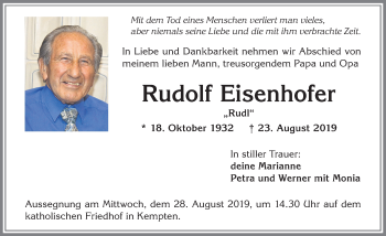 Traueranzeige von Rudolf Eisenhofer von Allgäuer Zeitung,Kempten