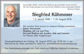 Traueranzeige von Siegfried Kühmoser von Allgäuer Zeitung, Kaufbeuren/Buchloe
