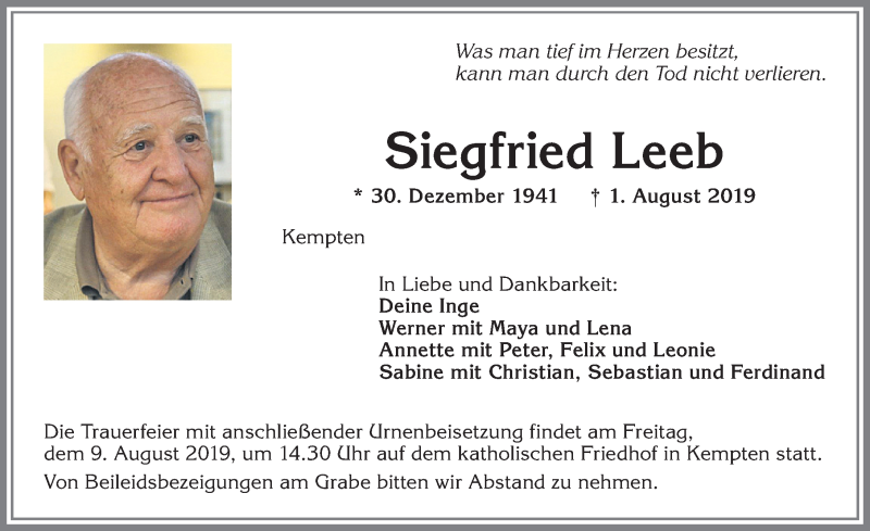  Traueranzeige für Siegfried Leeb vom 07.08.2019 aus Allgäuer Zeitung,Kempten