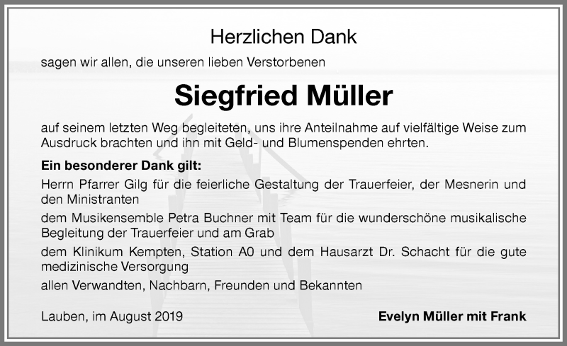  Traueranzeige für Siegfried Müller vom 02.08.2019 aus Allgäuer Zeitung,Kempten