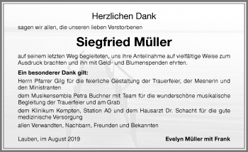 Traueranzeige von Siegfried Müller von Allgäuer Zeitung,Kempten