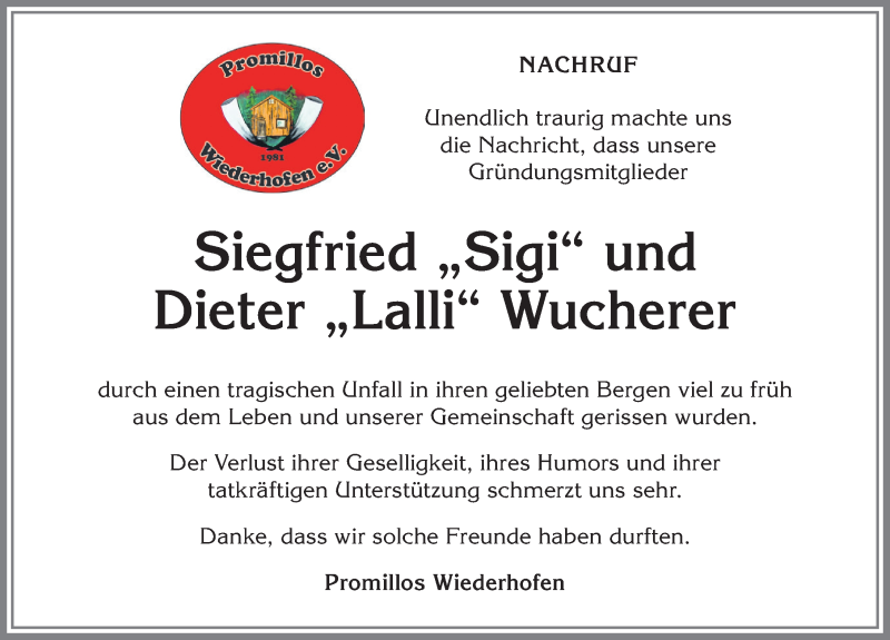  Traueranzeige für Siegfried Wucherer vom 10.08.2019 aus Allgäuer Anzeigeblatt