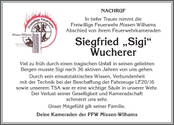 Traueranzeige von Siegfried Wucherer von Allgäuer Anzeigeblatt