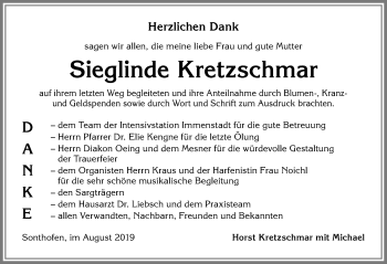 Traueranzeige von Sieglinde Kretzschmar von Allgäuer Anzeigeblatt