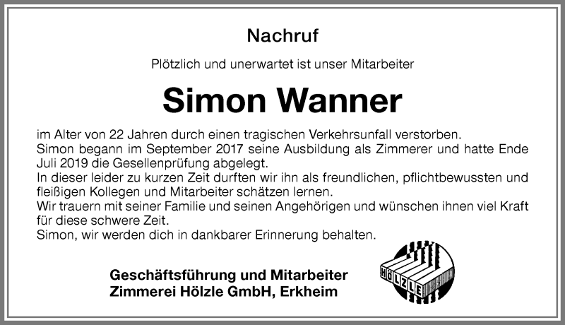  Traueranzeige für Simon Wanner vom 08.08.2019 aus Allgäuer Zeitung