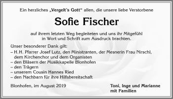 Traueranzeige von Sofie Fischer von Allgäuer Zeitung, Kaufbeuren/Buchloe