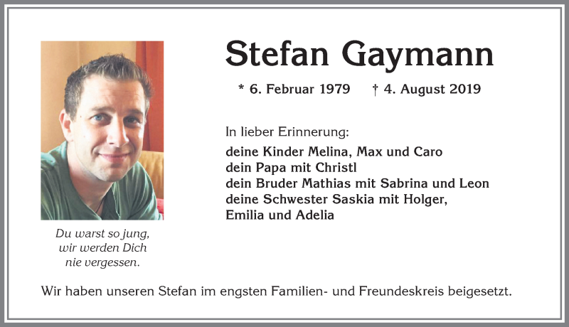  Traueranzeige für Stefan Gaymann vom 24.08.2019 aus Allgäuer Anzeigeblatt
