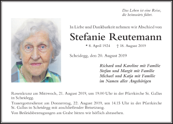 Traueranzeige von Stefanie Reutemann von Der Westallgäuer