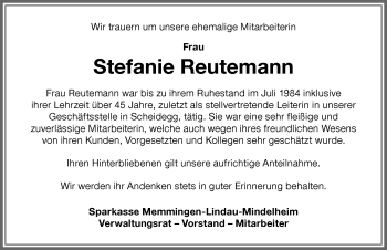 Traueranzeige von Stefanie Reutemann von Der Westallgäuer