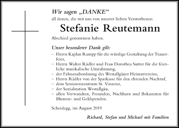 Traueranzeige von Stefanie Reutemann von Der Westallgäuer