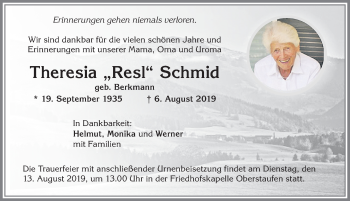 Traueranzeige von Theresia Schmid von Allgäuer Anzeigeblatt