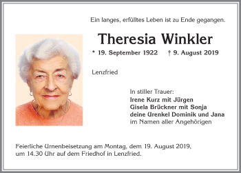 Traueranzeige von Theresia Winkler von Allgäuer Zeitung,Kempten