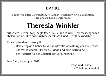 Traueranzeige von Theresia Winkler von Allgäuer Zeitung,Kempten