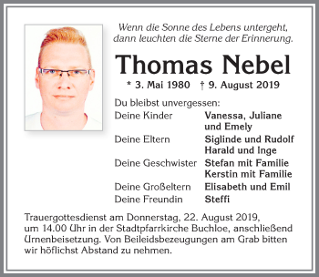 Traueranzeige von Thomas Nebel von Allgäuer Zeitung, Kaufbeuren/Buchloe