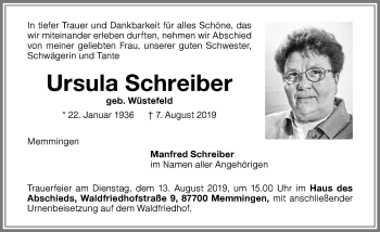 Traueranzeige von Ursula Schreiber von Memminger Zeitung