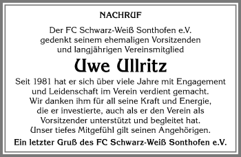 Traueranzeige von Uwe Ullritz von Allgäuer Anzeigeblatt