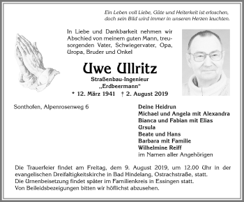 Traueranzeige von Uwe Ullritz von Allgäuer Anzeigeblatt