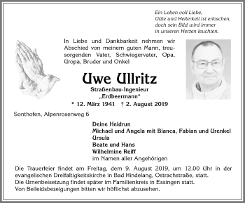 Traueranzeige von Uwe Ullritz von Allgäuer Anzeigeblatt
