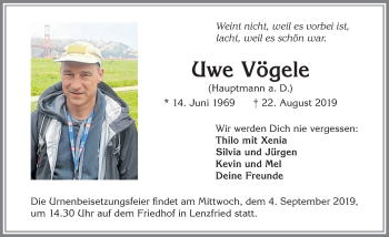 Traueranzeige von Uwe Vögele von Allgäuer Zeitung,Kempten