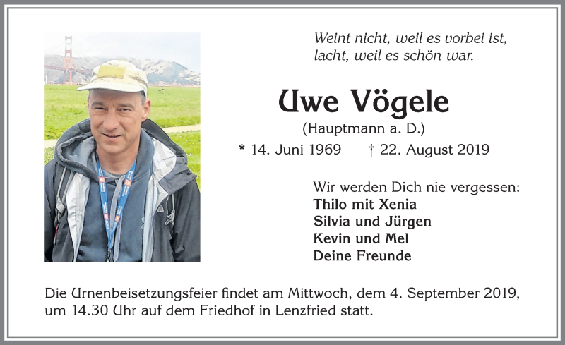  Traueranzeige für Uwe Vögele vom 31.08.2019 aus Allgäuer Zeitung,Kempten