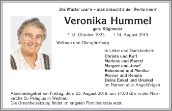 Traueranzeige von Veronika Hummel von Allgäuer Zeitung,Kempten