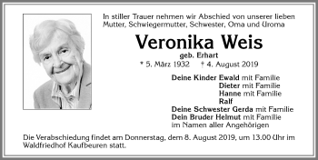 Traueranzeige von Veronika Weis von Allgäuer Zeitung, Kaufbeuren/Buchloe