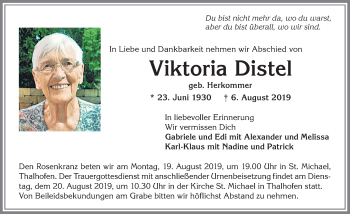 Traueranzeige von Viktoria Distel von Allgäuer Zeitung, Marktoberdorf