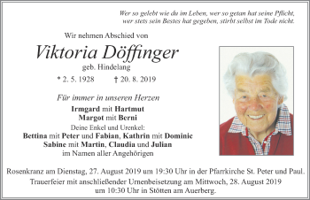 Traueranzeige von Viktoria Döffinger von Allgäuer Zeitung, Marktoberdorf