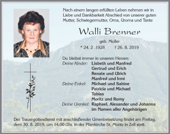 Traueranzeige von Walli Brenner von Allgäuer Zeitung, Füssen