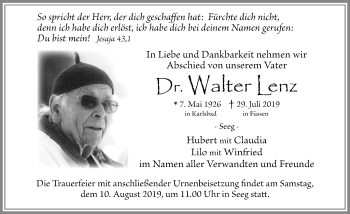 Traueranzeige von Walter Lenz von Allgäuer Zeitung, Füssen