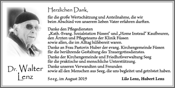 Traueranzeige von Walter Lenz von Allgäuer Zeitung, Füssen