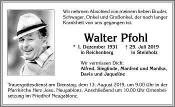 Traueranzeige von Walter Pfohl von Allgäuer Zeitung, Kaufbeuren/Buchloe