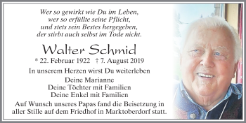 Traueranzeige von Walter Schmid von Allgäuer Zeitung, Marktoberdorf