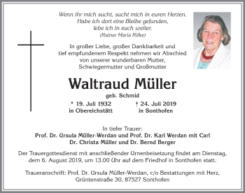 Traueranzeige von Waltraud Müller von Allgäuer Anzeigeblatt