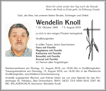 Traueranzeige von Wendelin Knoll von Allgäuer Zeitung, Kaufbeuren/Buchloe
