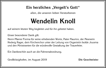 Traueranzeige von Wendelin Knoll von Allgäuer Zeitung, Kaufbeuren/Buchloe