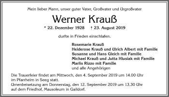 Traueranzeige von Werner Krauß von Allgäuer Zeitung, Füssen