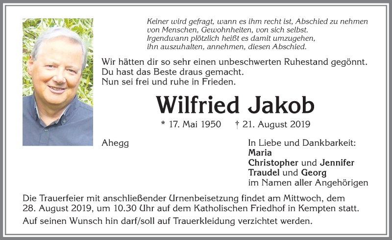  Traueranzeige für Wilfried Jakob vom 24.08.2019 aus Allgäuer Zeitung,Kempten