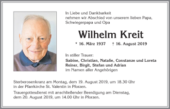Traueranzeige von Wilhelm Kreit von Allgäuer Zeitung, Kaufbeuren/Buchloe