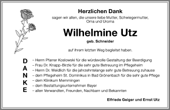 Traueranzeige von Wilhelmine Utz von Memminger Zeitung
