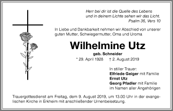 Traueranzeige von Wilhelmine Utz von Memminger Zeitung