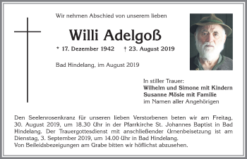 Traueranzeige von Willi Adelgoß von Allgäuer Anzeigeblatt