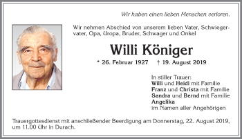 Traueranzeige von Willi Königer von Allgäuer Zeitung,Kempten