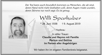 Traueranzeige von Willi Sparhuber von Allgäuer Zeitung, Füssen