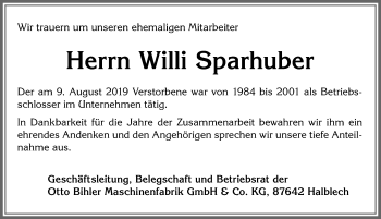 Traueranzeige von Willi Sparhuber von Allgäuer Zeitung, Füssen
