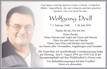 Traueranzeige von Wolfgang Dodl von Allgäuer Zeitung, Füssen
