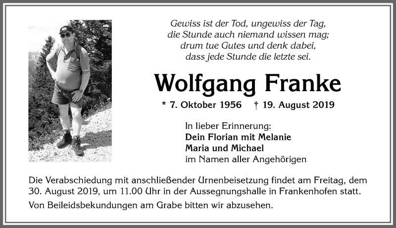  Traueranzeige für Wolfgang Franke vom 28.08.2019 aus Allgäuer Zeitung, Kaufbeuren/Buchloe