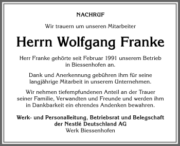 Traueranzeige von Wolfgang Franke von Allgäuer Zeitung