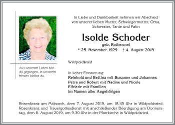 Traueranzeige von lsolde Schoder von Allgäuer Zeitung,Kempten